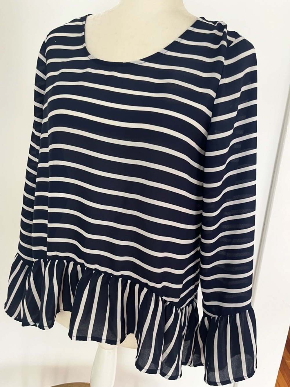 a.n.a Navy and White Striped Ruffle Hem Blouse